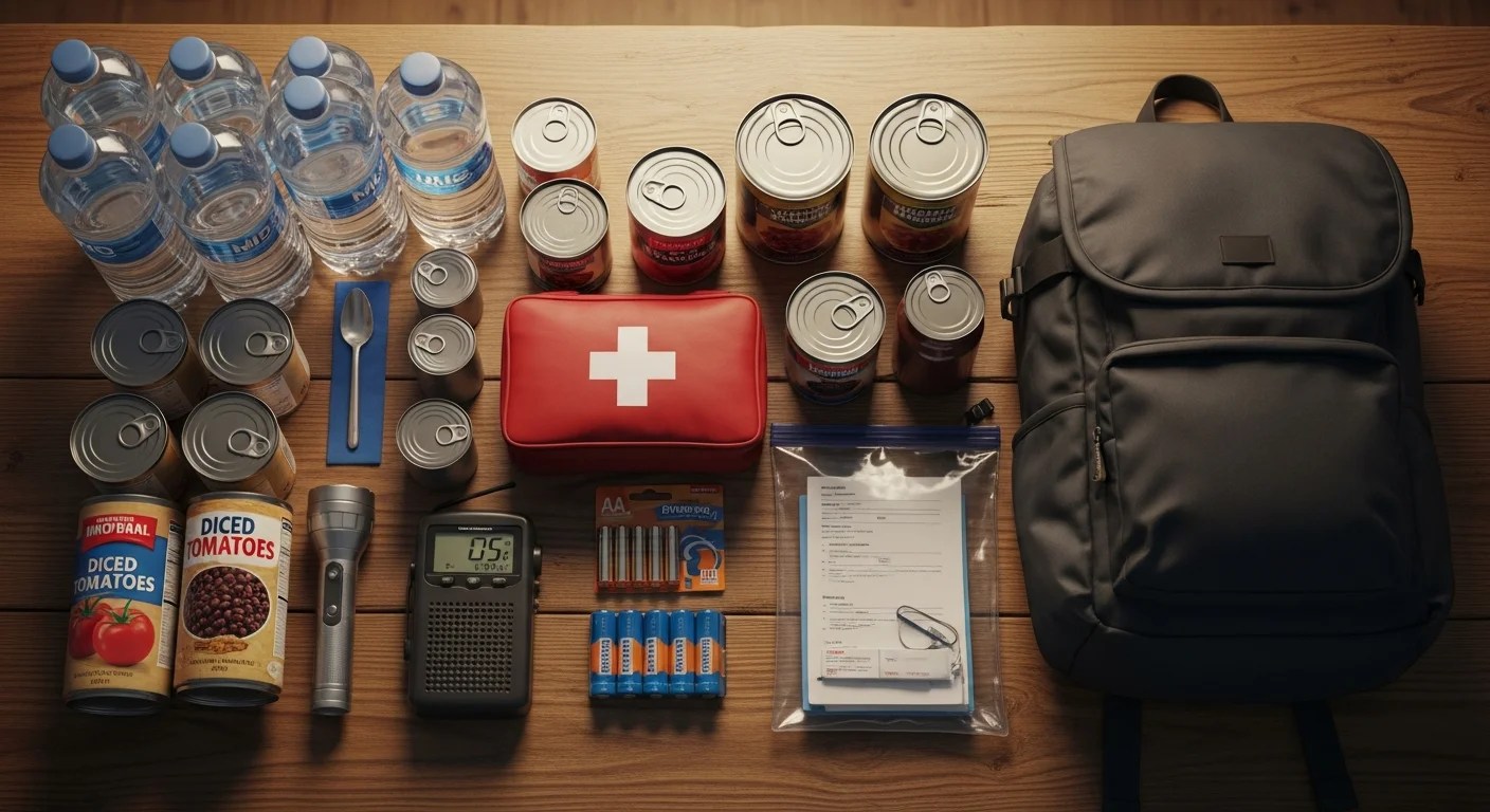 Hurricane preparedness kit with emergency supplies including water, food, first aid, flashlight, and weather radio organized on a table