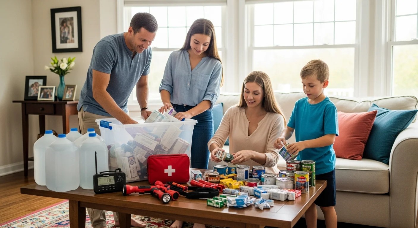 Family organizing hurricane emergency supplies into a waterproof storage bin