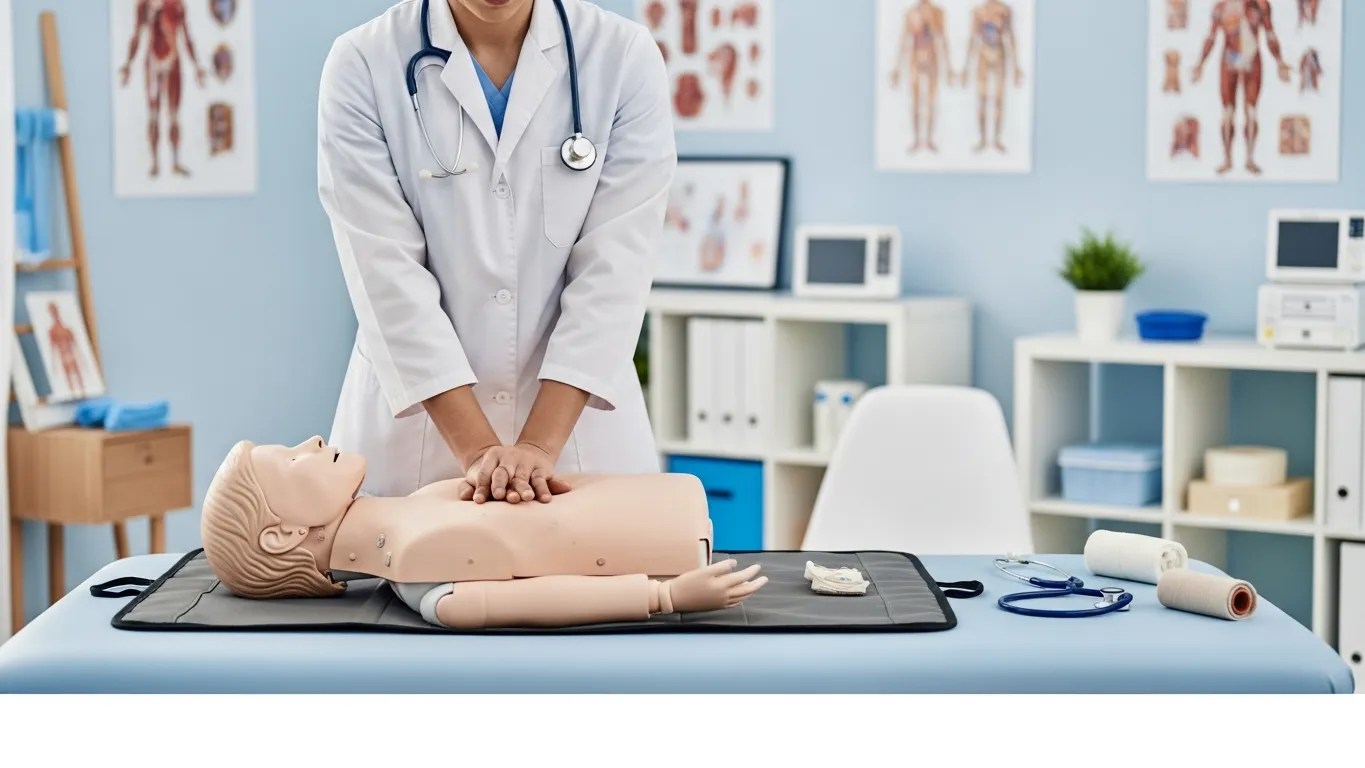 Infant CPR training demonstration showing chest compressions on a baby manikin