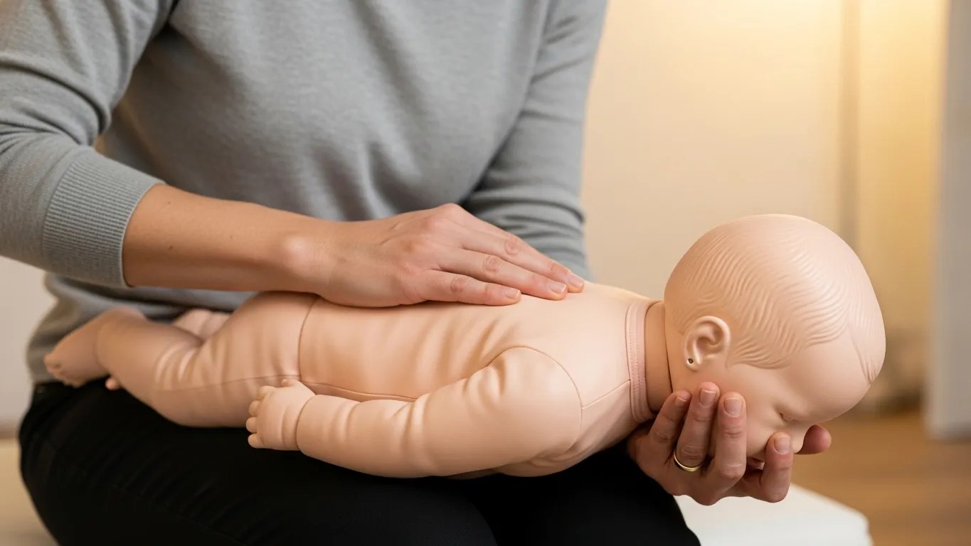 Adult demonstrating infant choking rescue back blows technique on a baby training manikin