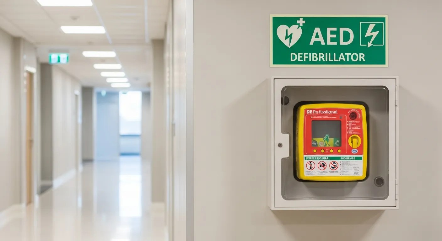 AED defibrillator mounted in wall cabinet in office hallway for workplace safety