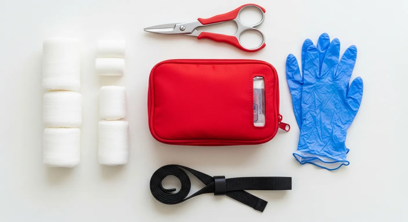 Emergency bleeding control kit supplies including tourniquet, gauze bandages, gloves, and trauma shears laid out on a table
