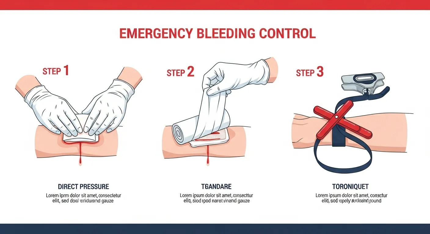 Three steps to stop severe bleeding: direct pressure, wound packing, and tourniquet application