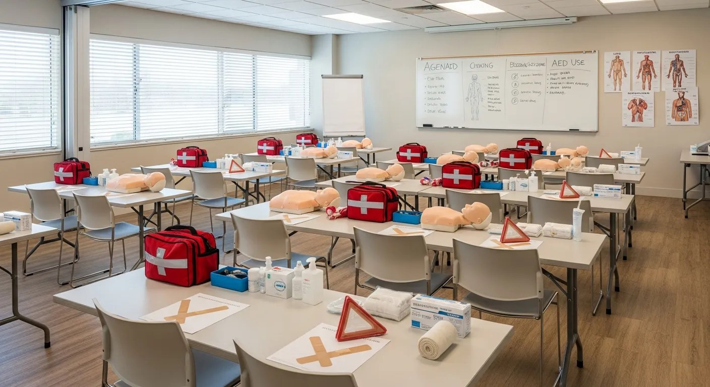 First aid training classroom with bleeding control kits and emergency preparedness supplies