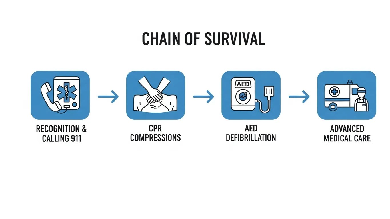 Chain of survival infographic showing the four steps to respond to sudden cardiac arrest