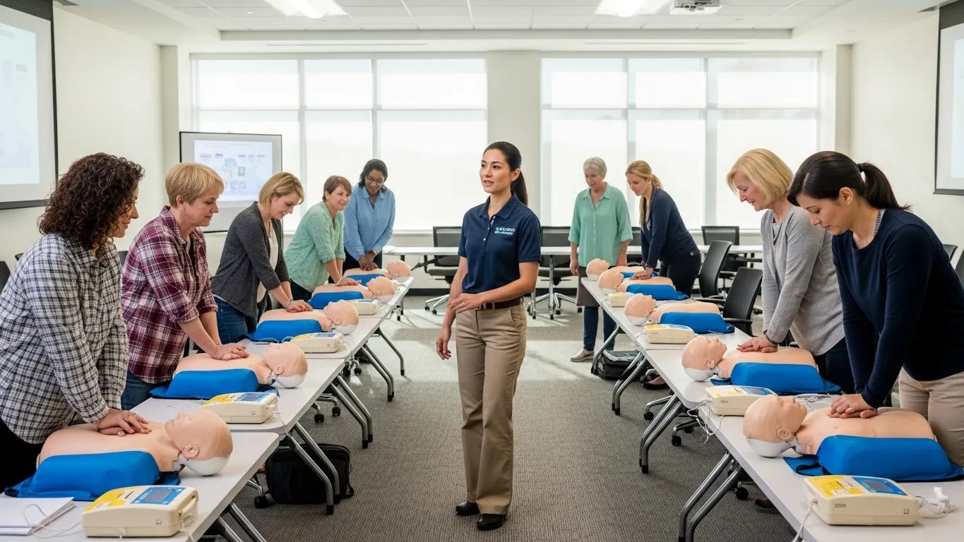 Community CPR and AED training class with diverse group of adults practicing on training manikins