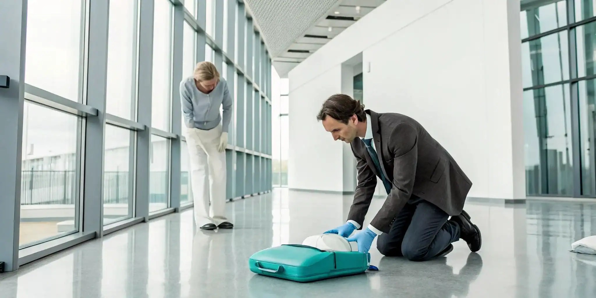 A person preparing an AED by following the steps in an emergency guide.