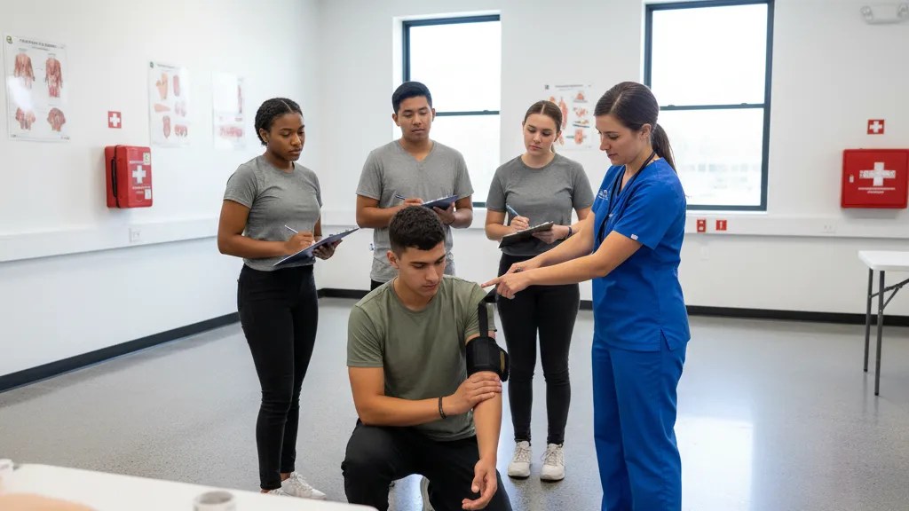 Tourniquet being applied to an arm during a first aid training class with instructor demonstrating proper technique