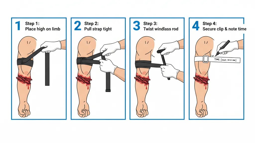 Step-by-step infographic showing four steps to apply a tourniquet: place high, pull tight, twist windlass, secure and note time