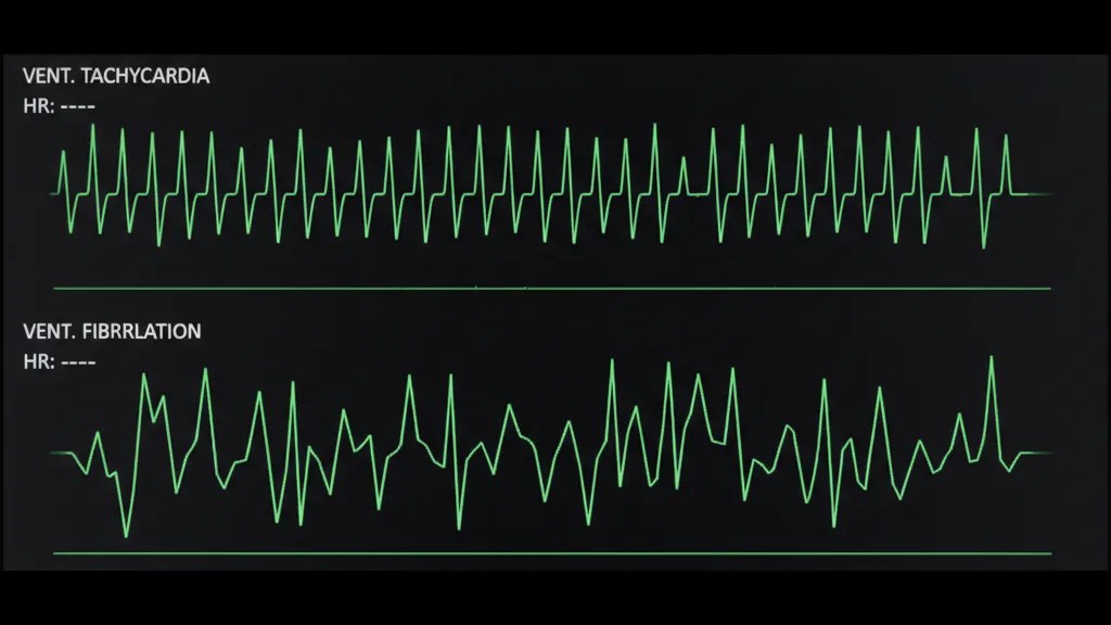 ECG monitor showing ventricular tachycardia v tach rhythm compared to ventricular fibrillation v fib rhythm