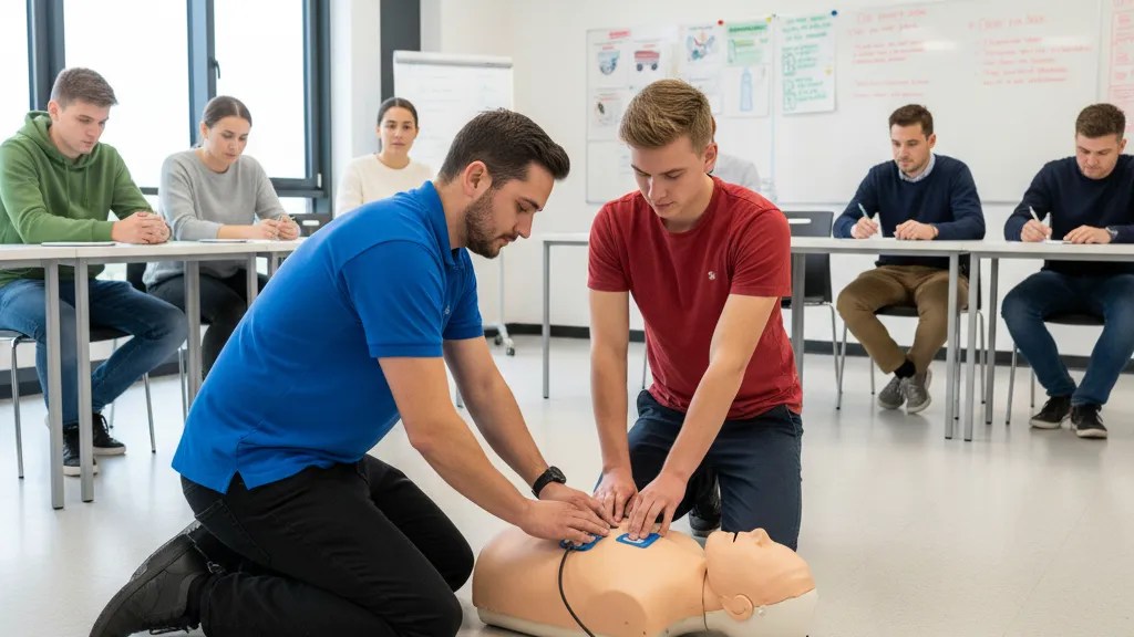 Person placing AED defibrillator pads on a CPR training manikin during a first aid class