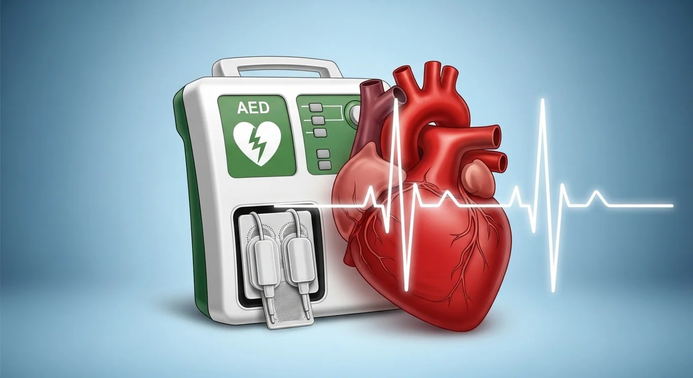 AED automated external defibrillator device next to a heart with ECG rhythm line showing how a defibrillator restores normal heart rhythm