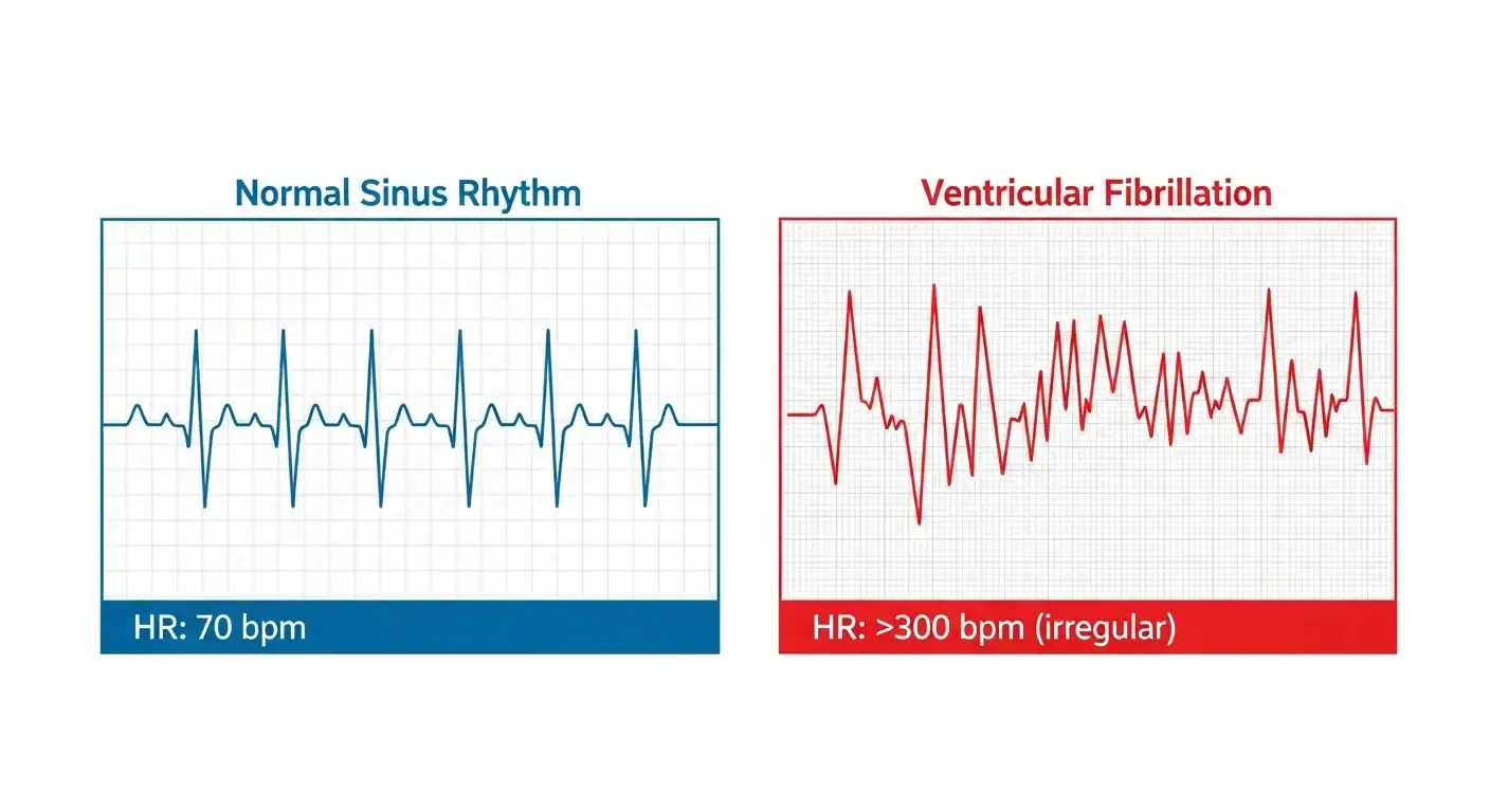 Comparison of normal sinus rhythm versus ventricular fibrillation on ECG monitors showing when a defibrillator shock is needed