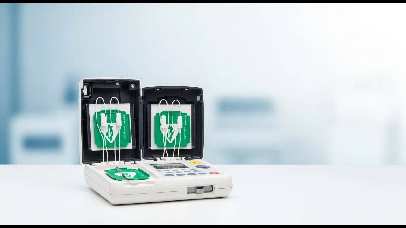 Automated external defibrillator AED device open showing electrode pads in a clean medical setting