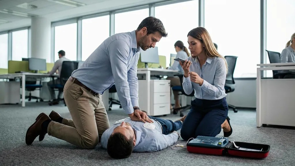 Bystander using an AED defibrillator and performing CPR during a cardiac arrest emergency