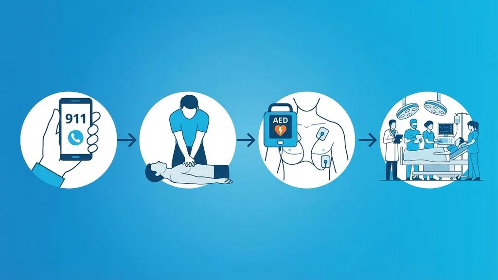 Chain of survival infographic showing four steps for cardiac arrest response including CPR and AED use