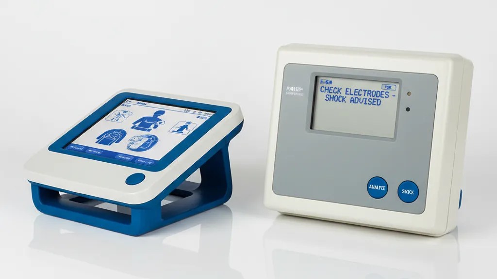 ZOLL AED 3 compared to ZOLL AED Plus side by side showing touchscreen display versus basic LCD
