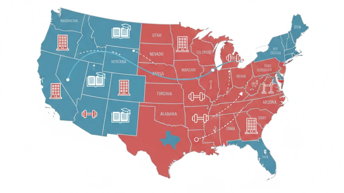 Map of US states with AED requirements for businesses including schools gyms and offices