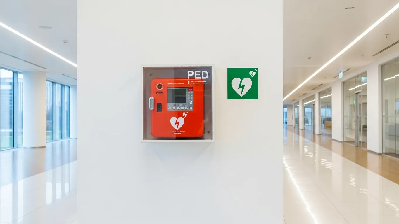 AED defibrillator mounted on wall in modern office hallway for emergency preparedness