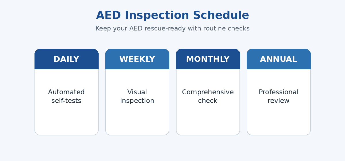 AED inspection schedule: daily automated self-tests, weekly visual inspection, monthly comprehensive check, annual professional review