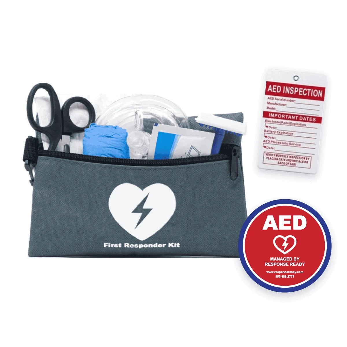 First Responder Kit (Gray), AED inspection tag and AED decal