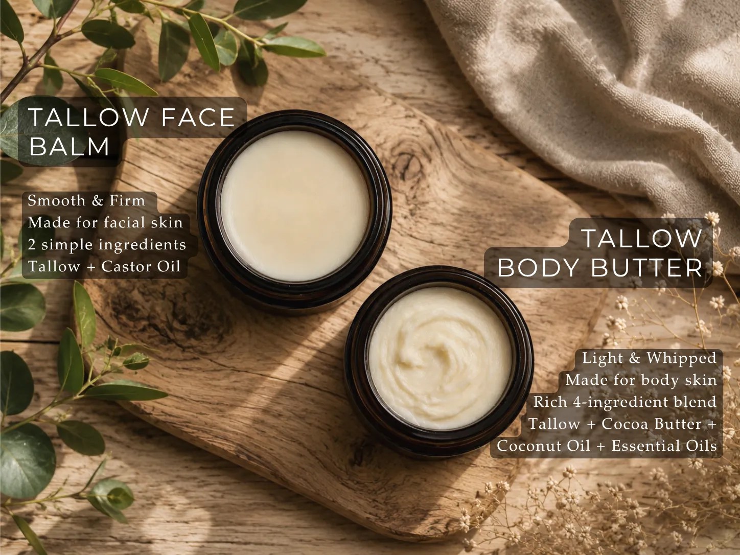 Side-by-side comparison of tallow face balm and whipped tallow body butter in amber jars on a wooden tray with natural botanical styling.