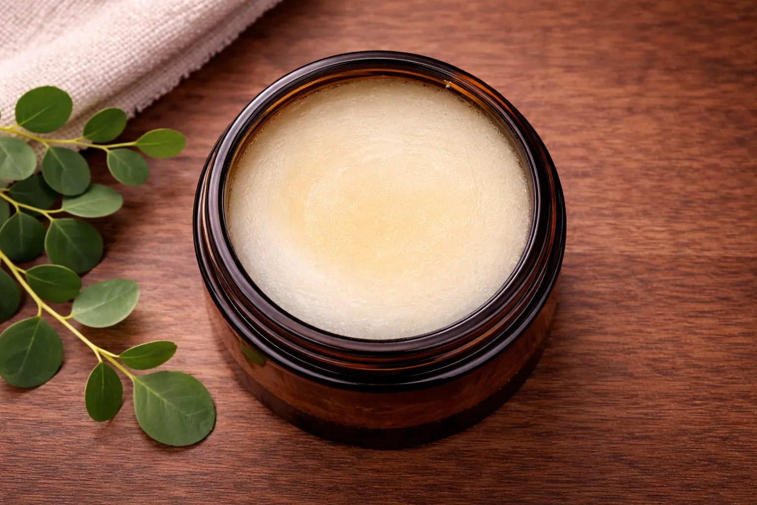 Grass-fed tallow face balm in amber glass jar showing smooth texture, handcrafted Alberta tallow skincare from Canada.