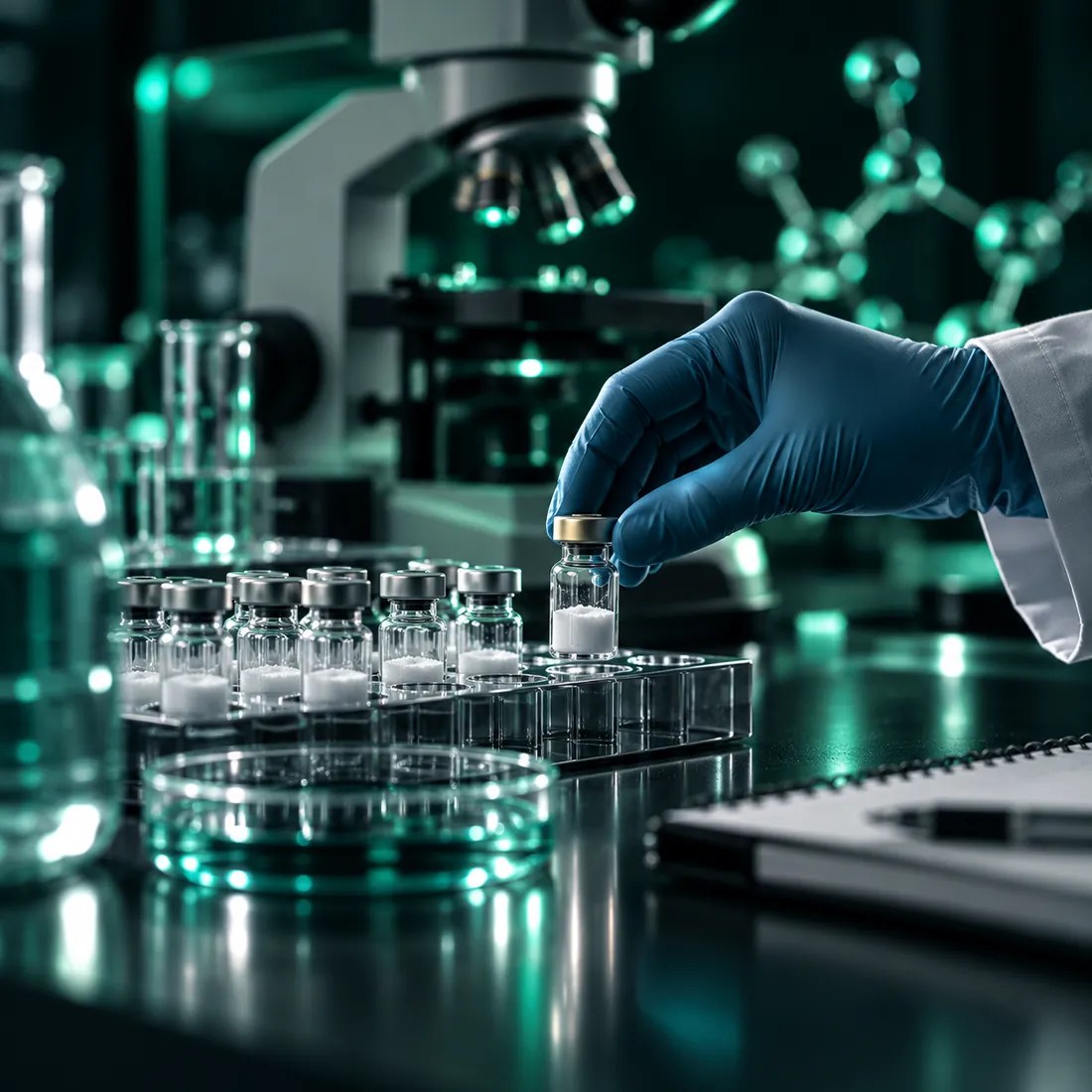 Gloved researcher placing a vial of lyophilized powder into a sample rack