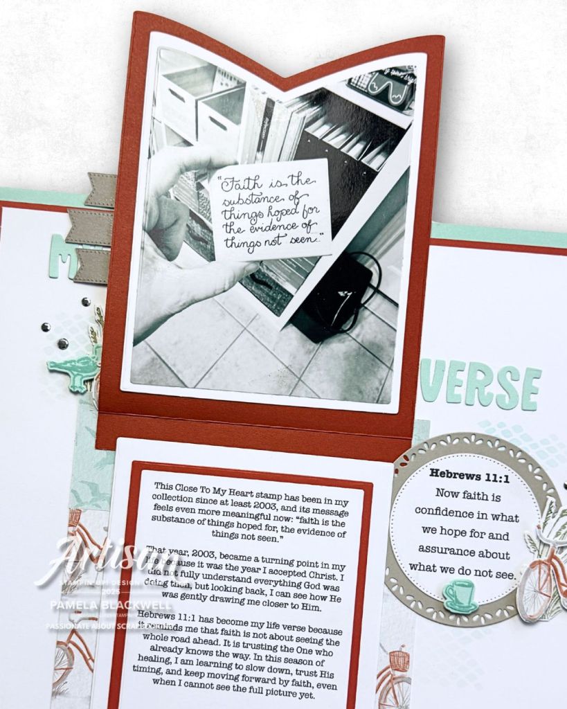 Hidden journaling flip-up banner on a faith scrapbook page featuring a Close To My Heart Hebrews 11:1 stamp photo.