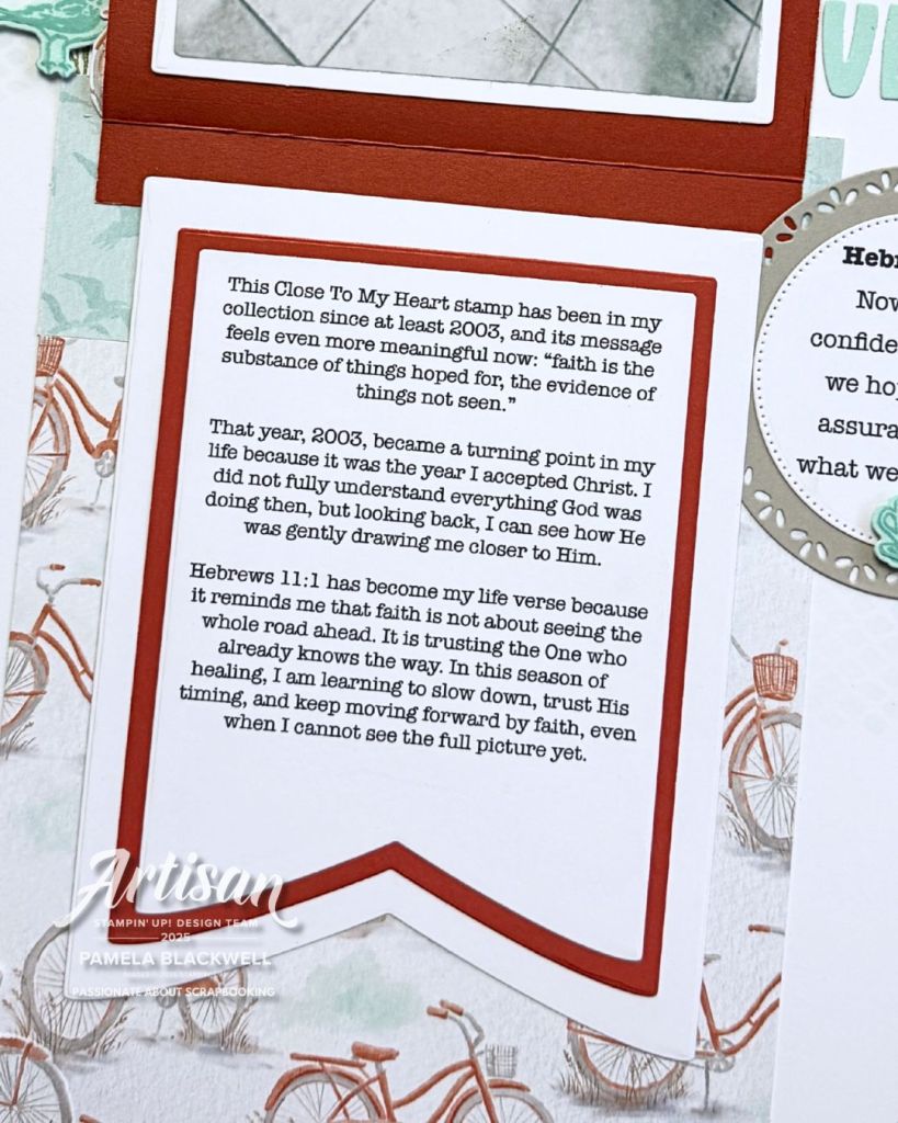 Heartfelt hidden journaling on a scrapbook page about Hebrews 11:1 and faith.