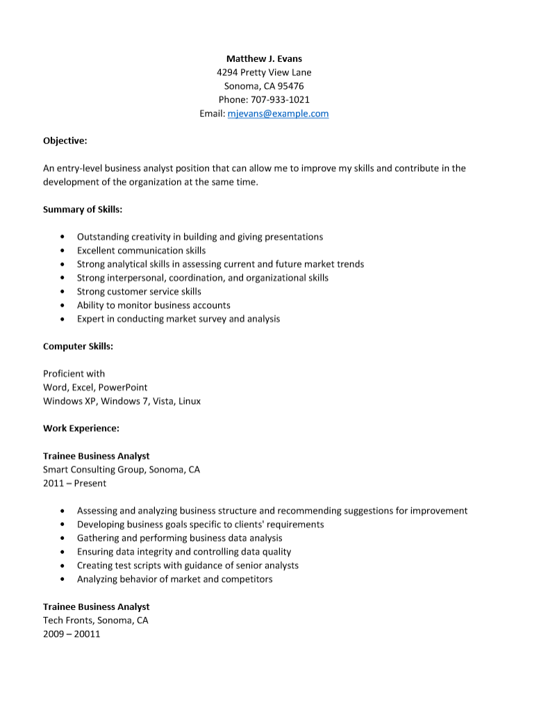 Entry Level Business Analyst Level Resume Template Resume Templates