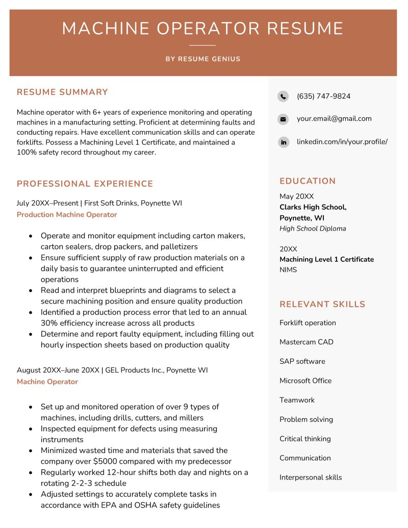 Free Machine Operator Resume Template - Landscape Image Collection - HD Quality