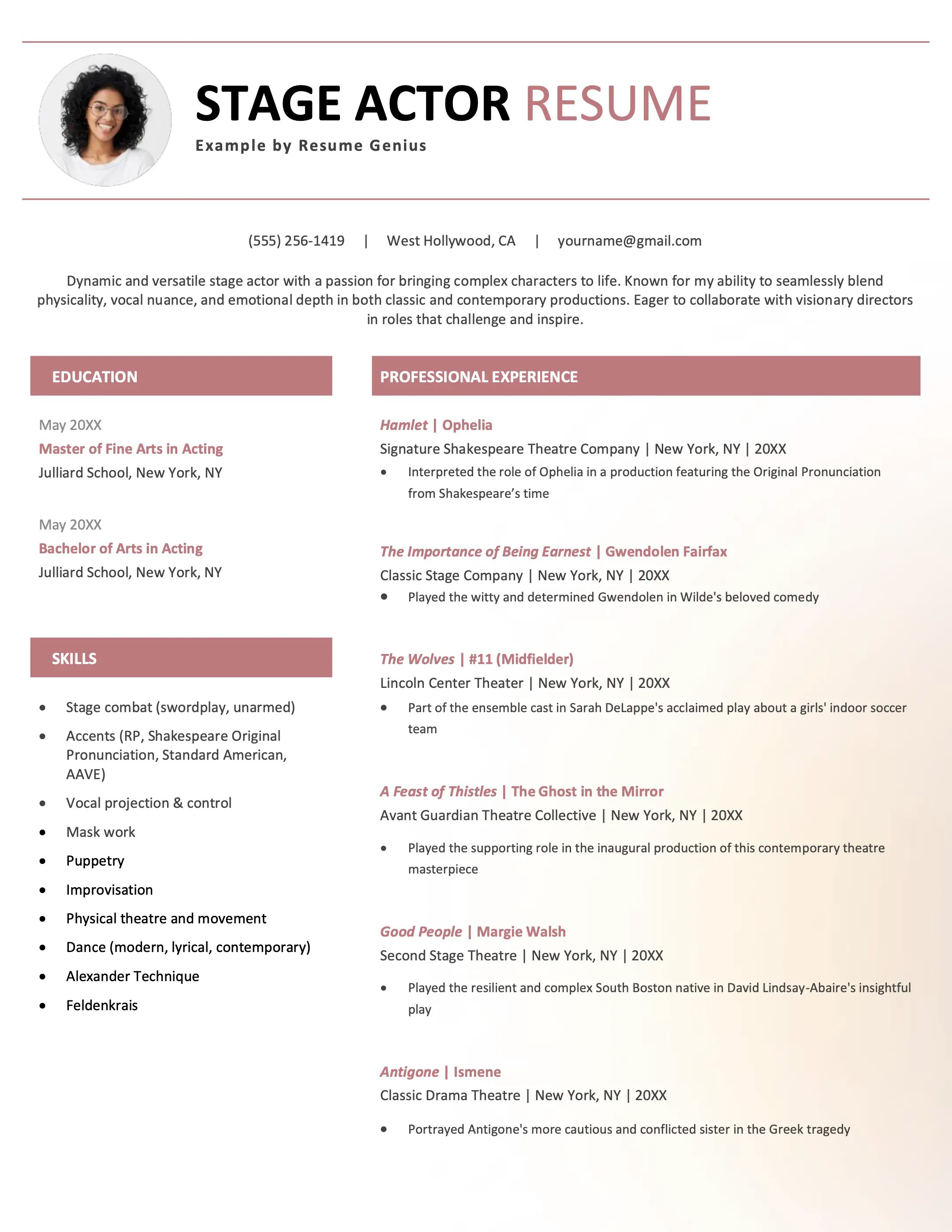 Actors Resume Template Free Samples Examples Format Resume Stage Actor Resume Example 
