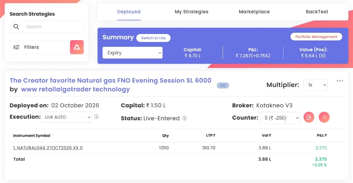 Tradetron deployments summary at 7:26 PM, 9 Oct 2026, with the Creator's Favourite Natural Gas card