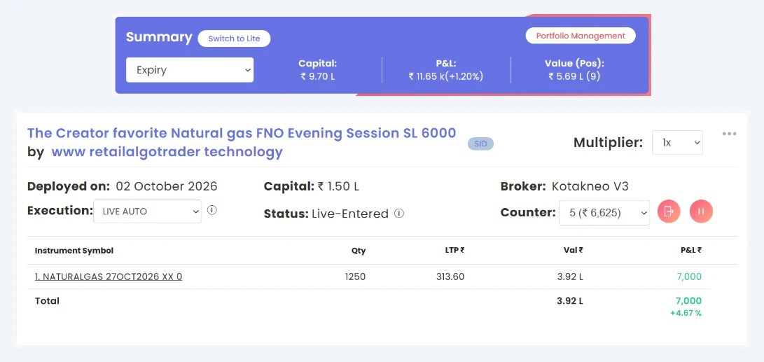 Tradetron deployments summary at 8:26 PM, 9 Oct 2026, with the Creator's Favourite Natural Gas card