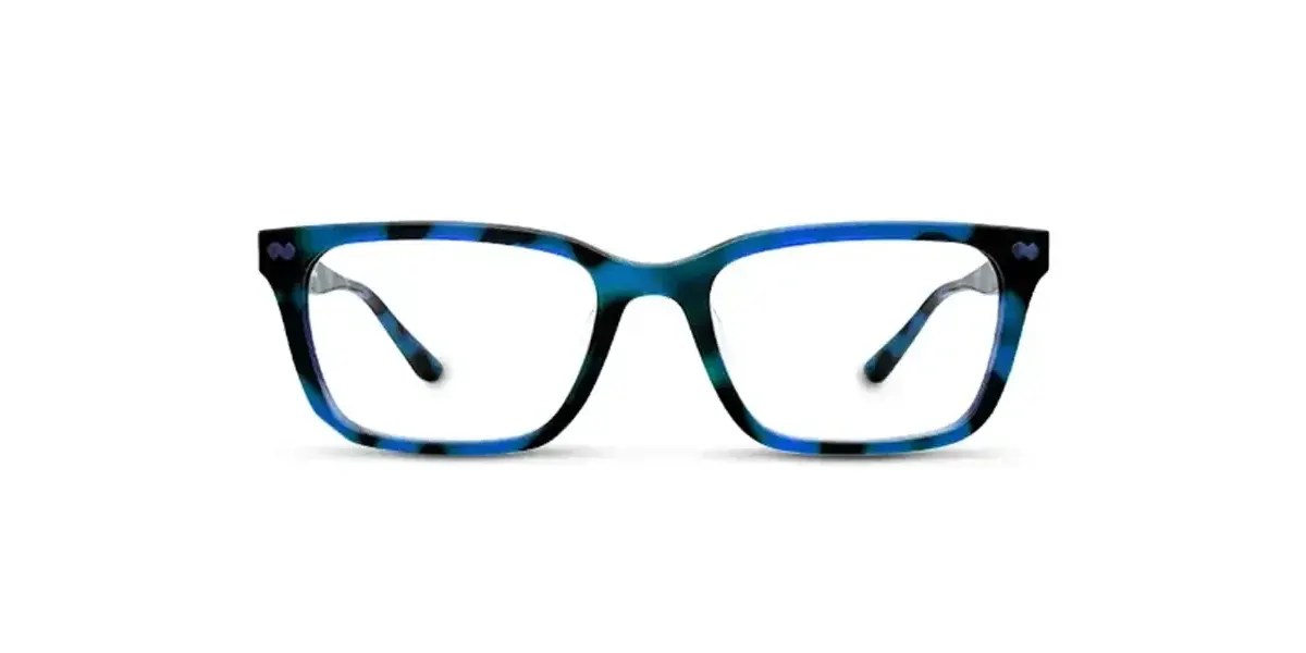 Blue tortoiseshell eyeglass frame with clear lenses and a stylish design.