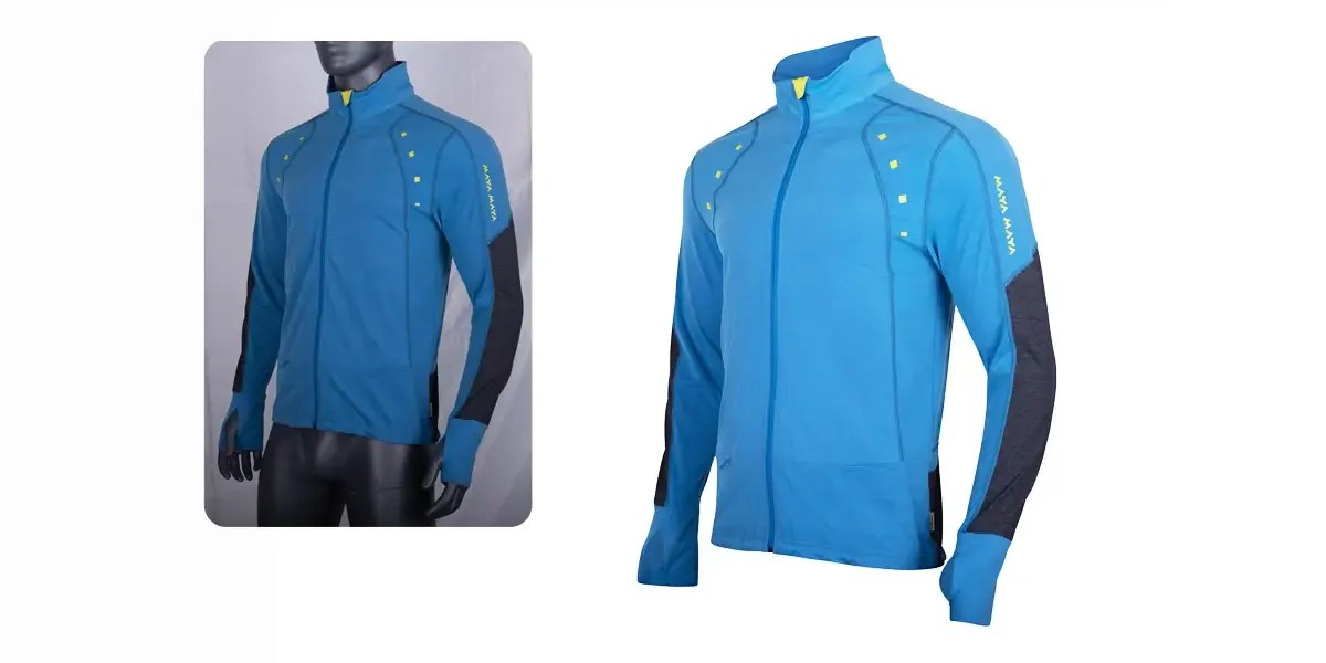 Ghost mannequin effect photo of a blue athletic jacket on a mannequin, with professional photography editing.