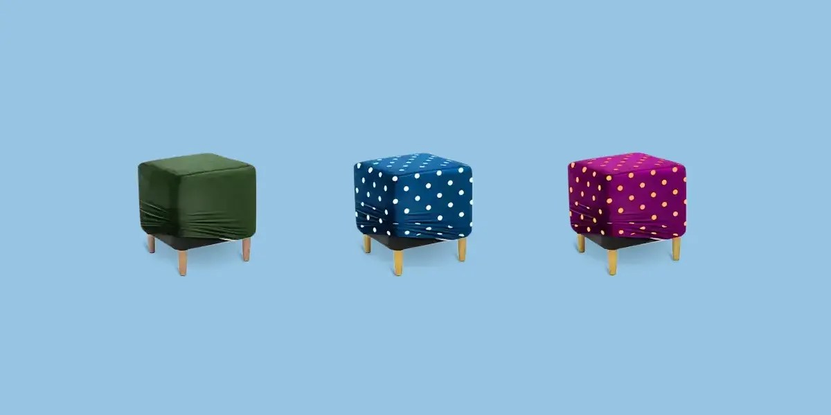 Set of three stools with different fabric patterns, showcasing pattern change service.