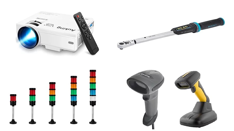 Collage of a projector, torque wrench, signal tower lights, and barcode scanners.