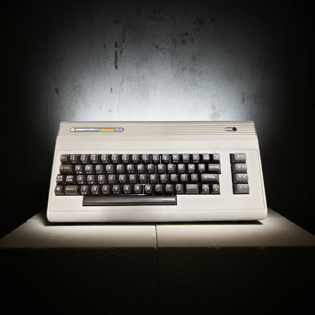 Beige Commodore 64 home computer with rainbow logo, front-facing on a lit pedestal against a dark textured wall, showing its black keycaps and column of function keys.
