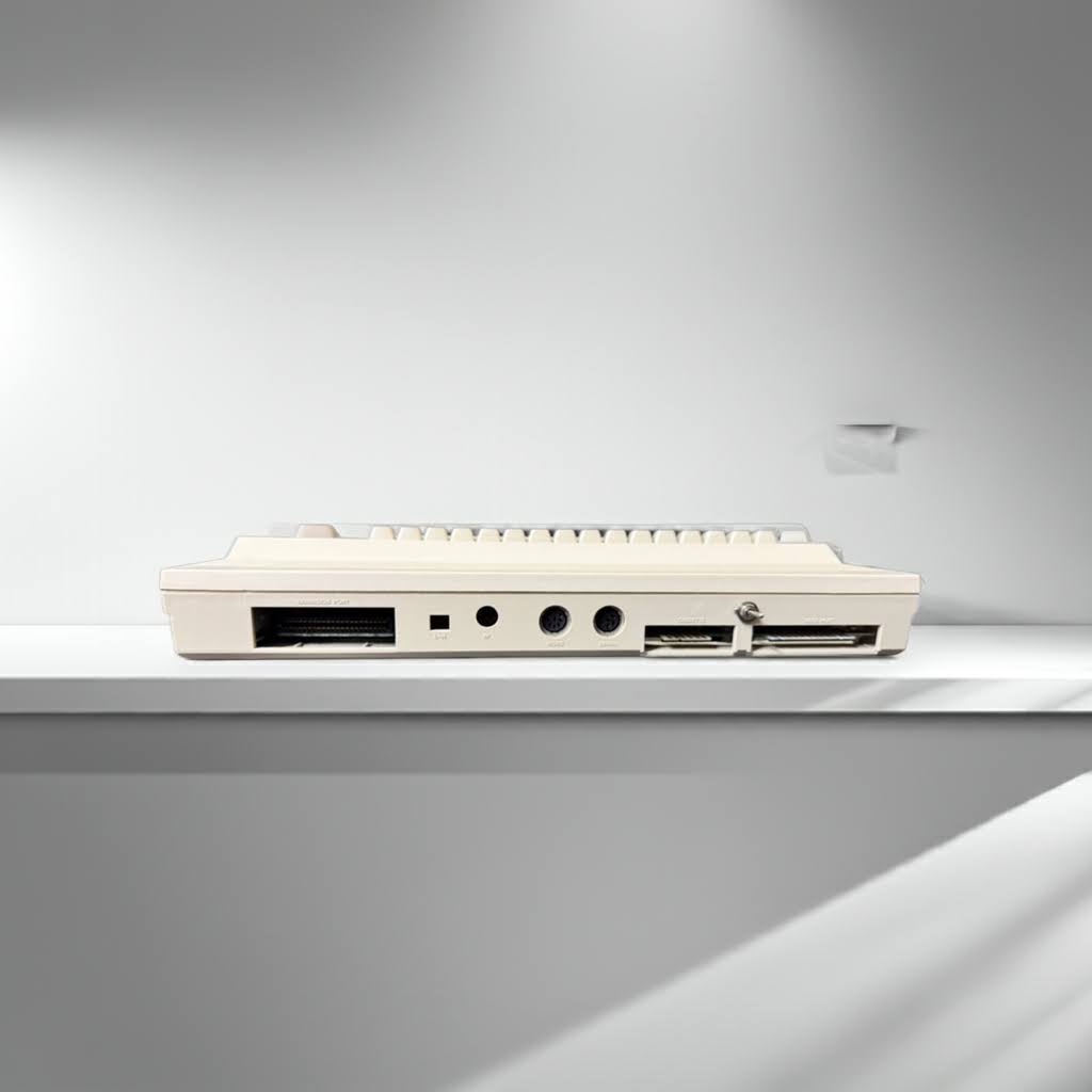 Beige vintage computer keyboard photographed from the rear on a white shelf, showing a wide connector slot, two round DIN ports and dual card slots against a minimal light-gray wall with soft shadows.