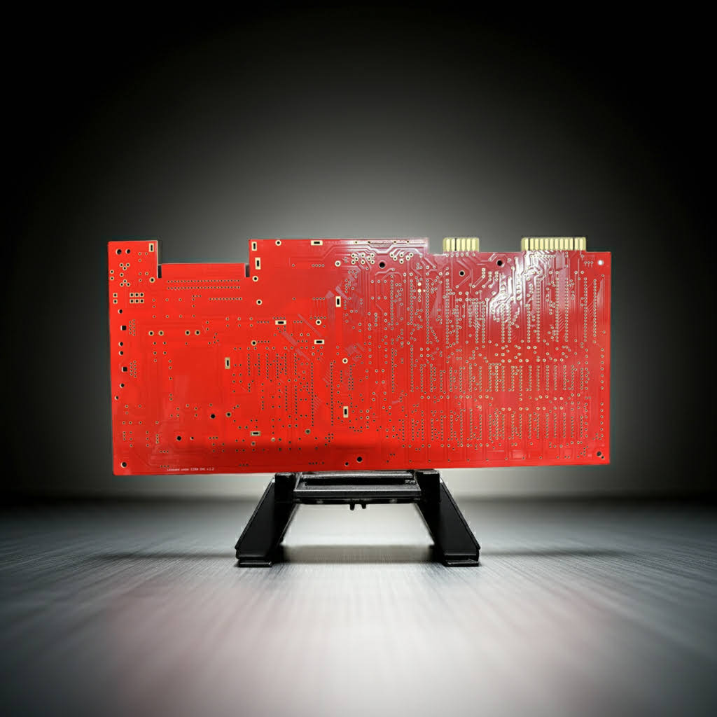 Red printed circuit board with gold edge connectors and numerous through-hole pads and traces mounted vertically on a small black stand against a gradient gray background