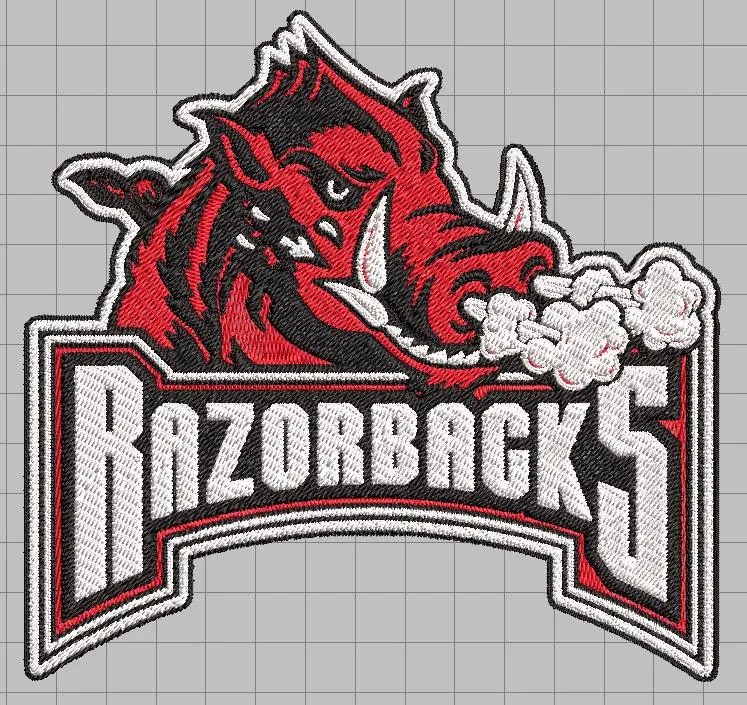 Embroidered patch-style logo of a snarling red razorback hog head with white tusks and puffs of steam from its nostrils above bold arched white "RAZORBACKS" lettering in red, black, and white stitching on a gray grid background.