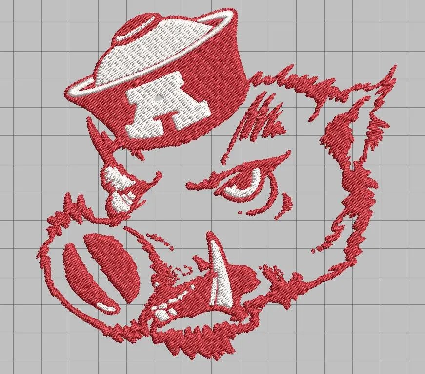 Embroidered red-and-white snarling wild boar head with prominent tusks and a tilted cap marked with a white 'A', stitched on a gray grid background.