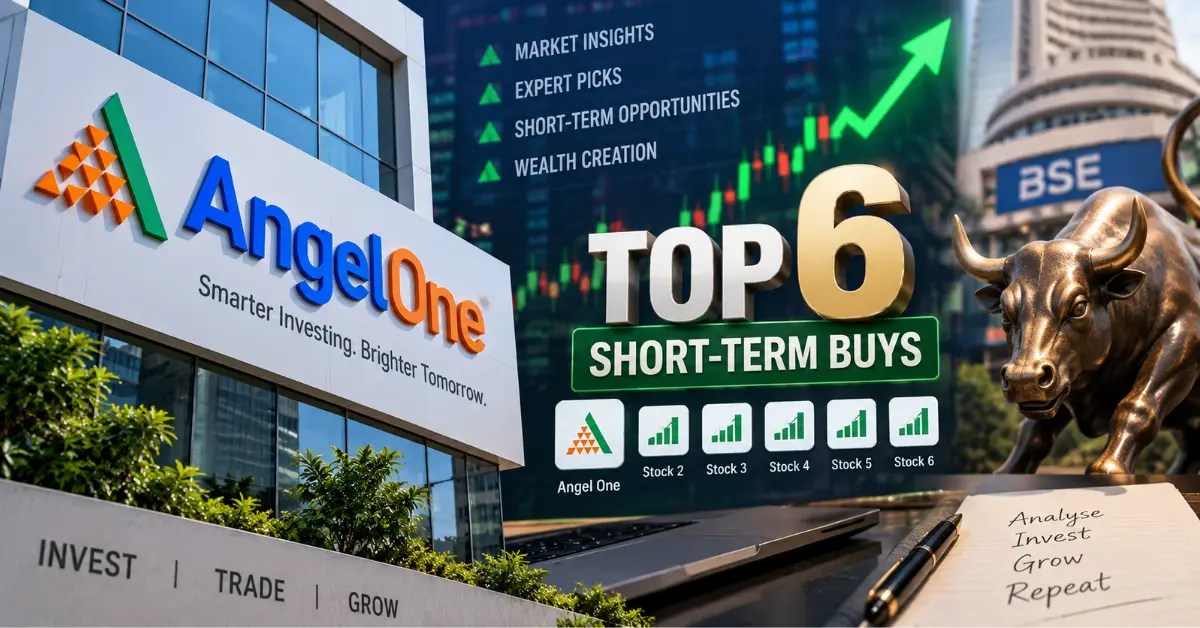Angel One stock featured among six expert-recommended short-term buys, with bullish market charts, a rising arrow and stock market imagery.