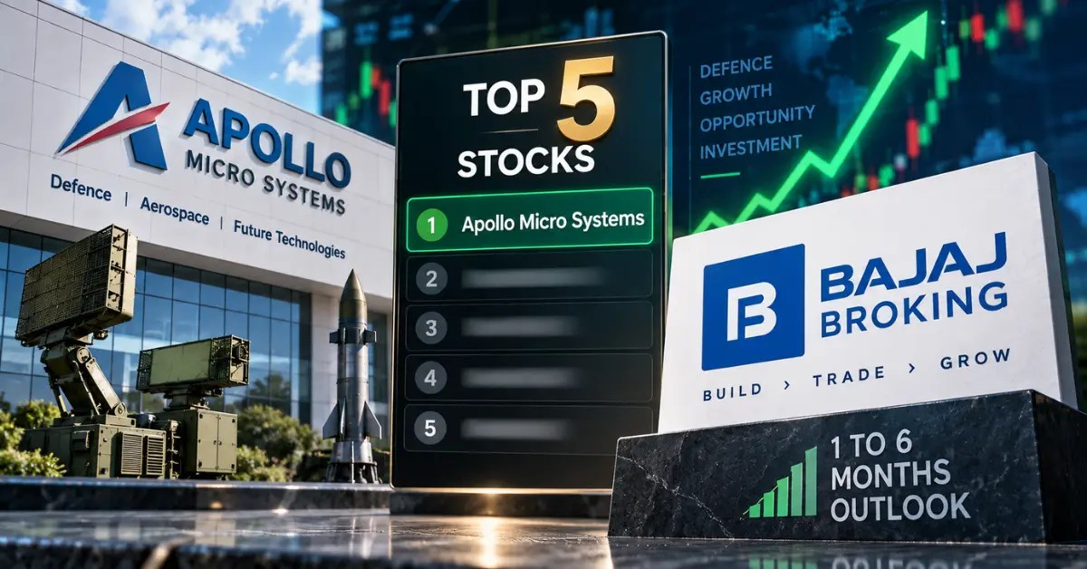 Apollo Micro Systems stock among 5 stocks Bajaj Broking recommends for 1 to 6 months, featuring Apollo Micro Systems, Bajaj Broking and a rising stock market chart.