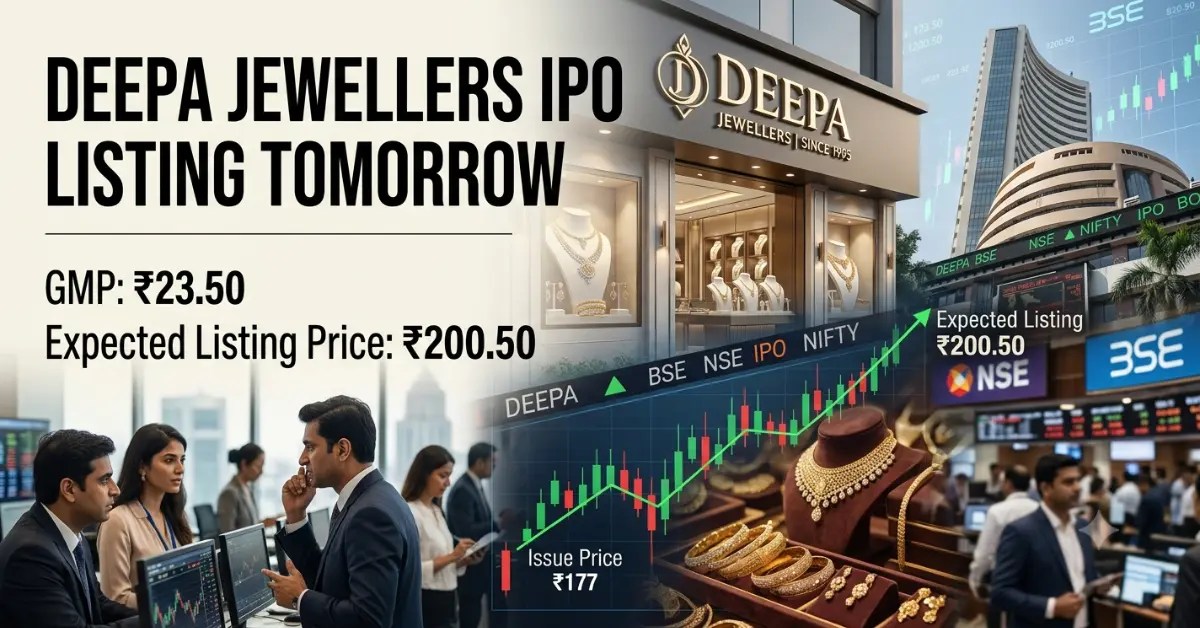 Deepa Jewellers IPO visual showing a jewellery storefront and stock market overlay indicating listing expectation