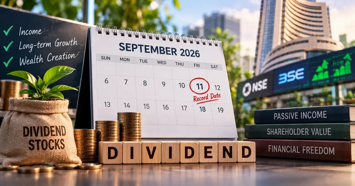 Dividend stocks today: Calendar marks September 11 as the record date, with dividend stocks, coins, and BSE market visuals representing dividend opportunities.