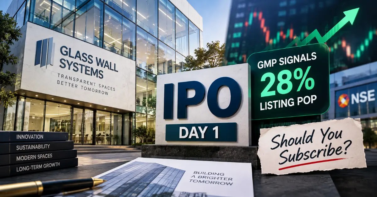 Glass Wall Systems IPO Day 1 featured image showing a modern glass building, IPO signage, GMP indicating a potential 28% listing pop, and a “Should You Subscribe?” investment question.