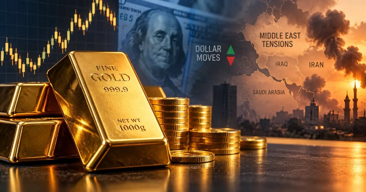 Gold Price steadies near $4,400 as traders assess Middle East tensions and US dollar movements, illustrated with gold bars, coins, currency, and a geopolitical map.
